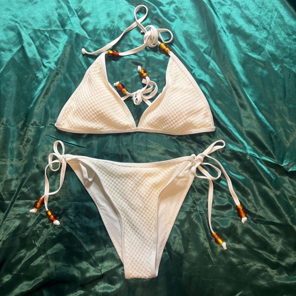 Boho style White Cream Textured & Beaded Swim Suit Set Bikini